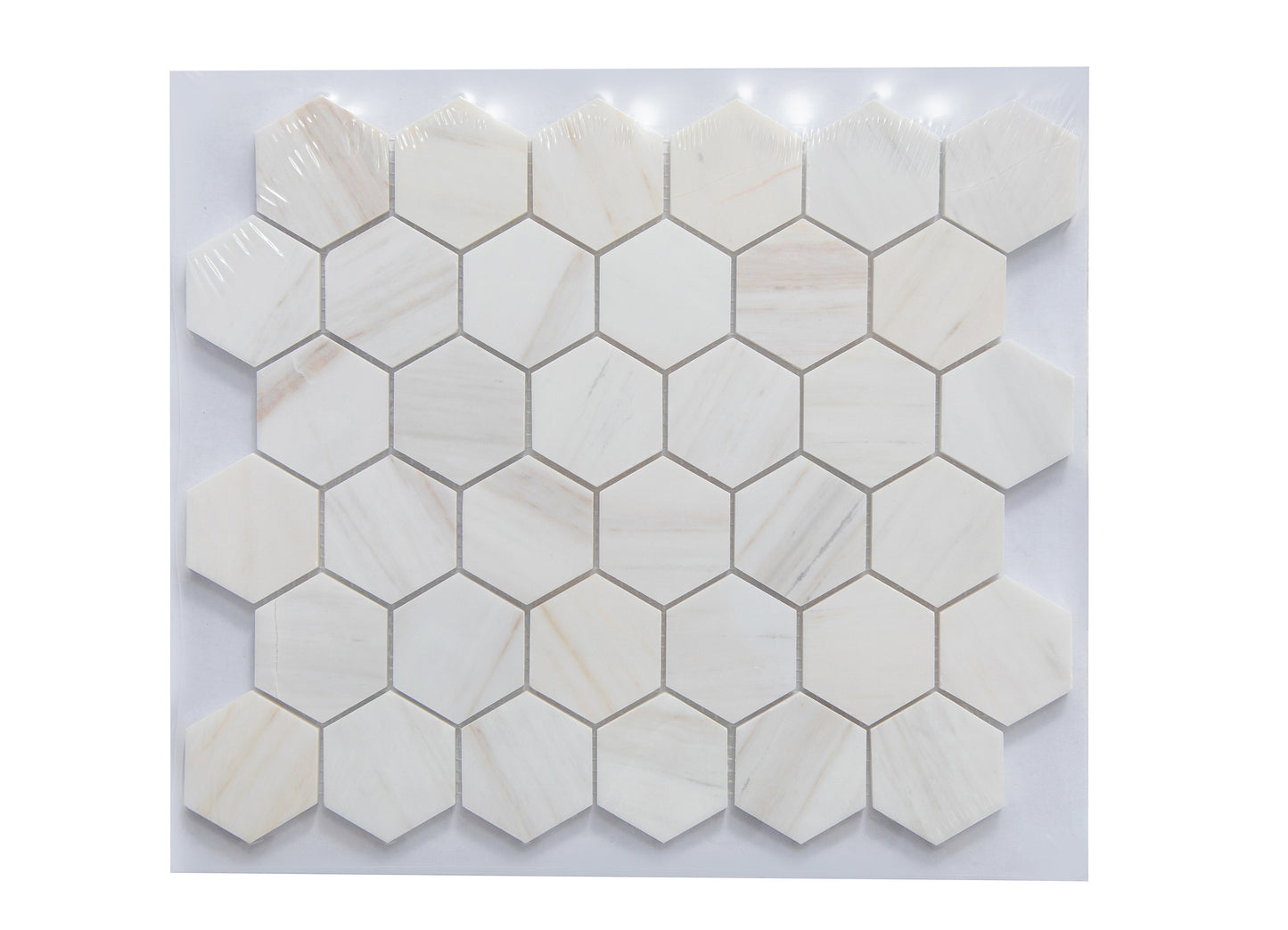 Mosaico de mármol con veta de madera pulida, 2" x 2" 3/8" hexagonal