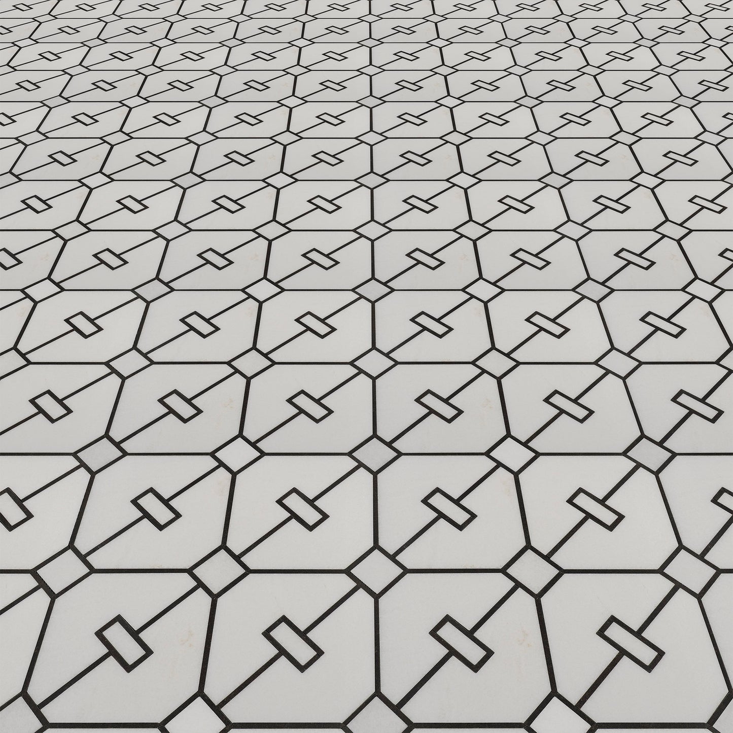 Mosaico de mármol Thassos y basalto negro Axle pulido de 30,5 x 30,5 cm y 3/8" con chorro de agua