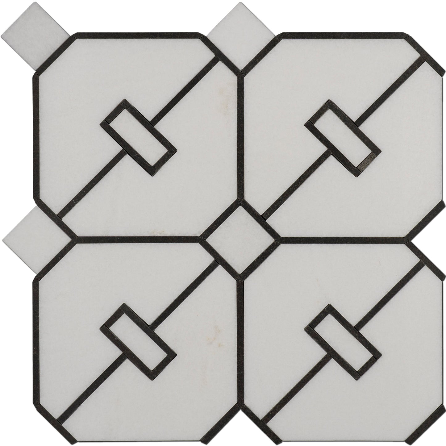 Mosaico de mármol Thassos y basalto negro Axle pulido de 30,5 x 30,5 cm y 3/8" con chorro de agua