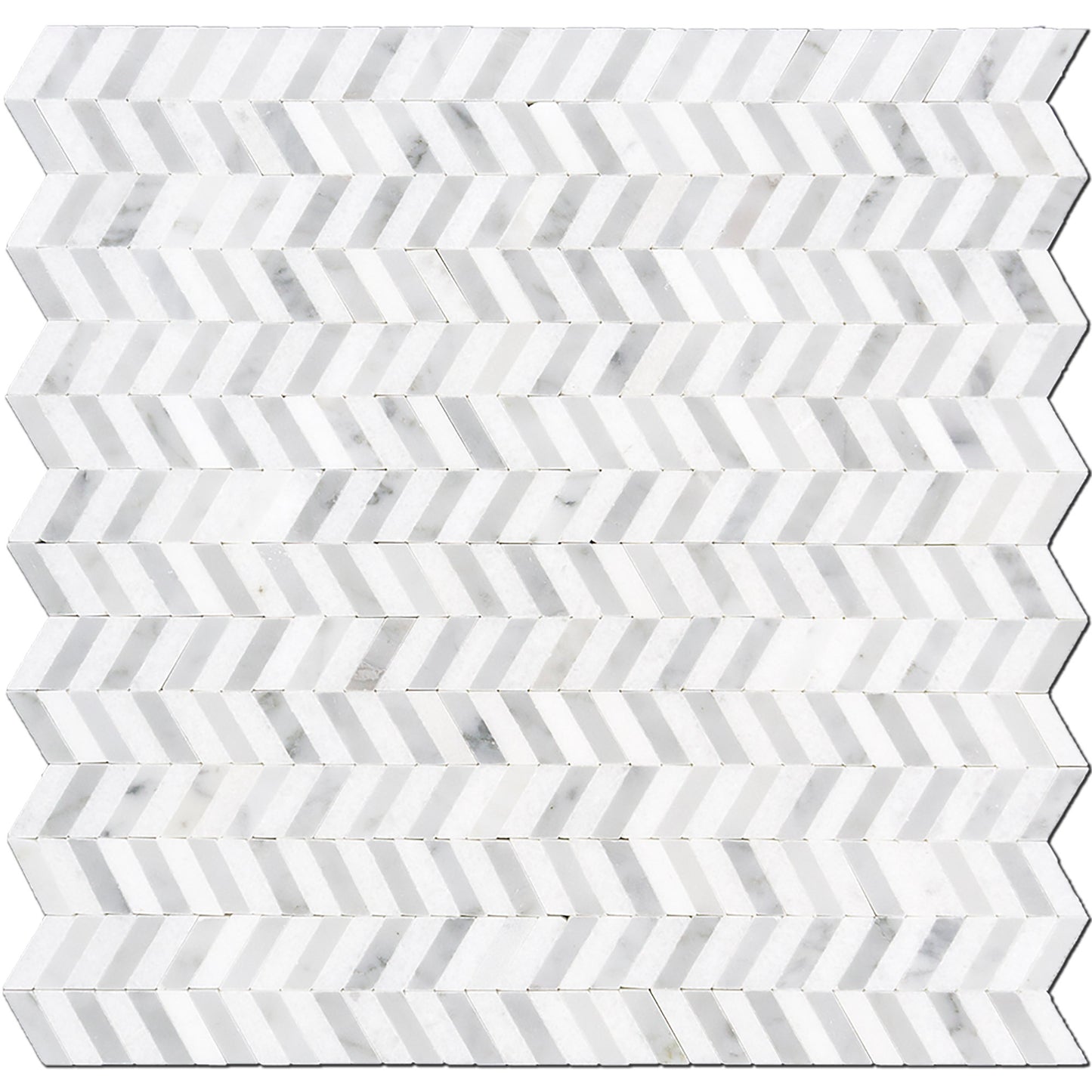 Mosaico de mármol Carrara y Thassos Mini Chevron pulido de 30,5 x 30,5 cm y 0,9 cm con chorro de agua