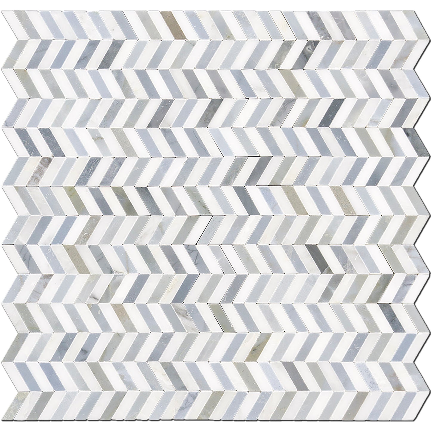 Mosaico de mármol Bardiglio & Oriental Mini Chevron pulido con chorro de agua de 30,5 x 30,5 cm y 0,95 cm