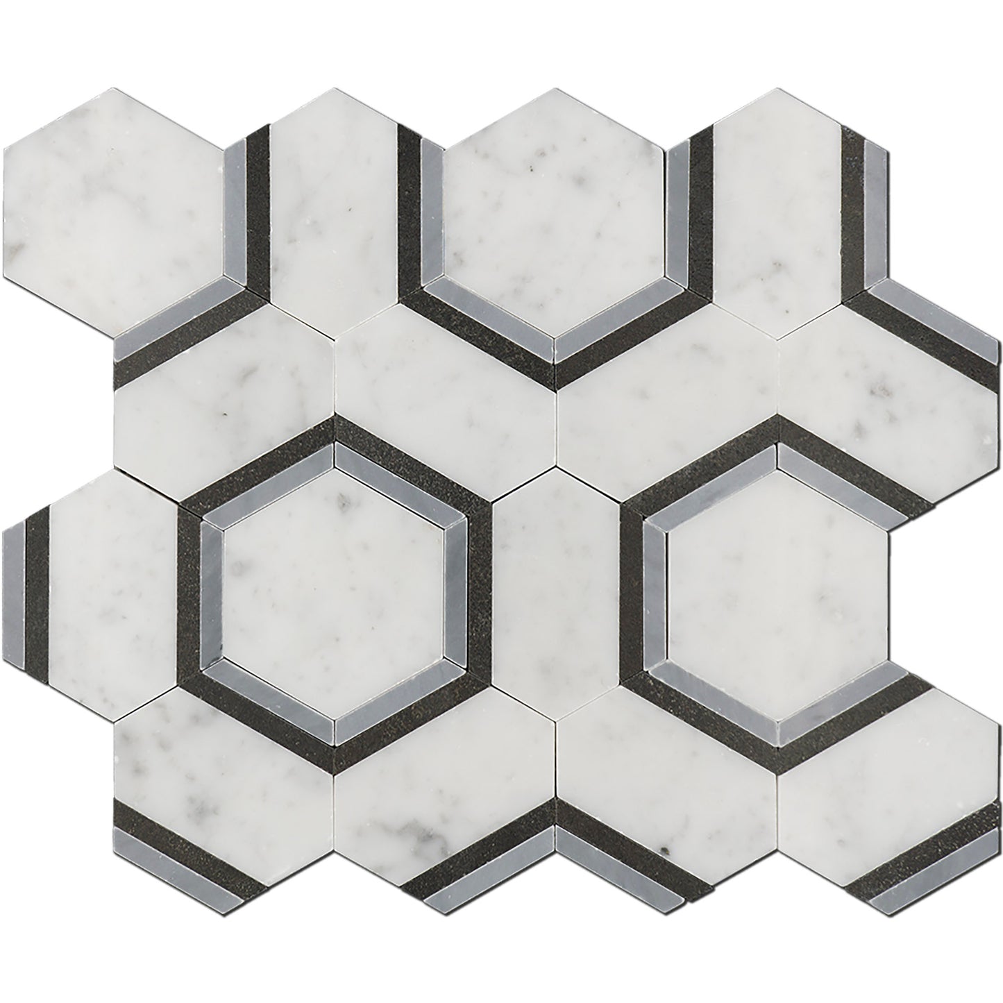 Mosaico de mármol entrelazado hexagonal de Carrara, Bardiglio y Basalto pulido de 25 x 30 cm y 0,9 cm de grosor con chorro de agua