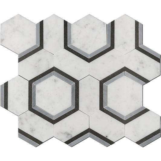 Carrara, Bardiglio & Basalt Hexagon Combo Interlock Marble Polished 10" x 12" 3/8" Waterjet Mosaic