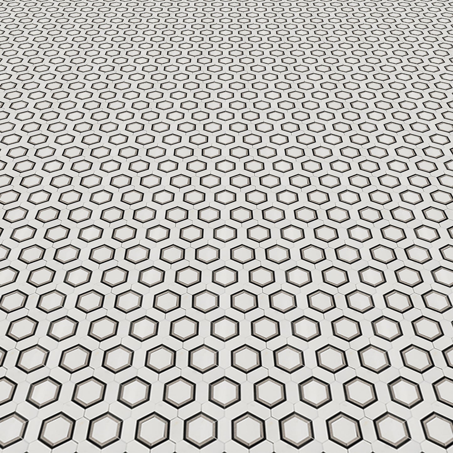 Mosaico de mármol entrelazado hexagonal de Carrara, Bardiglio y Basalto pulido de 25 x 30 cm y 0,9 cm de grosor con chorro de agua