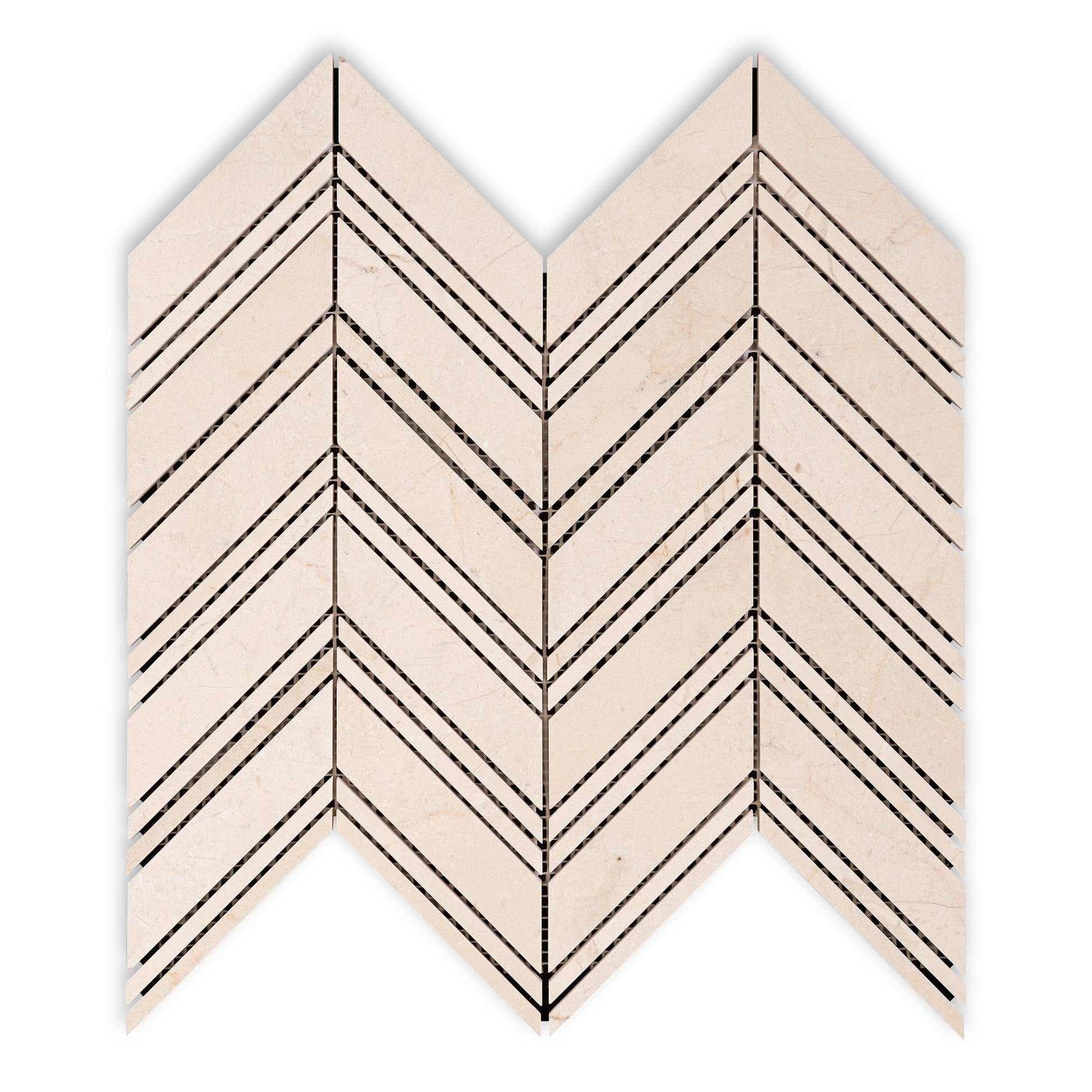 Crema Marfil Large Chevron Mosaic Tile with Crema Marfil Strips
