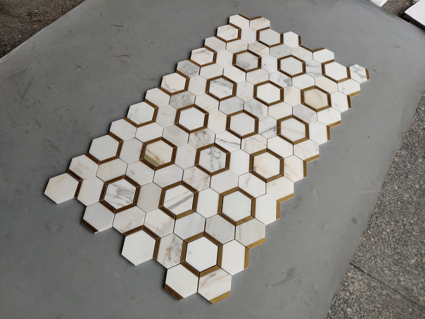 Calacatta Hexagon w/Brass Marble Polished 3" x 3" 3/8" Waterjet Mosaic