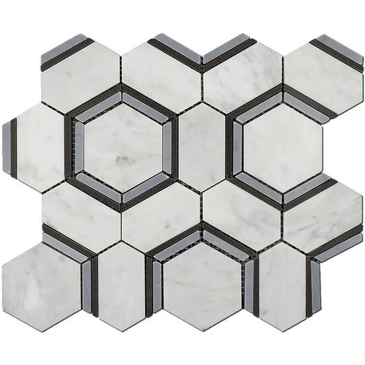 Carrara, Bardiglio & Basalt Hexagon Combo Marble Polished 10" x 12" 3/8" Waterjet Mosaic