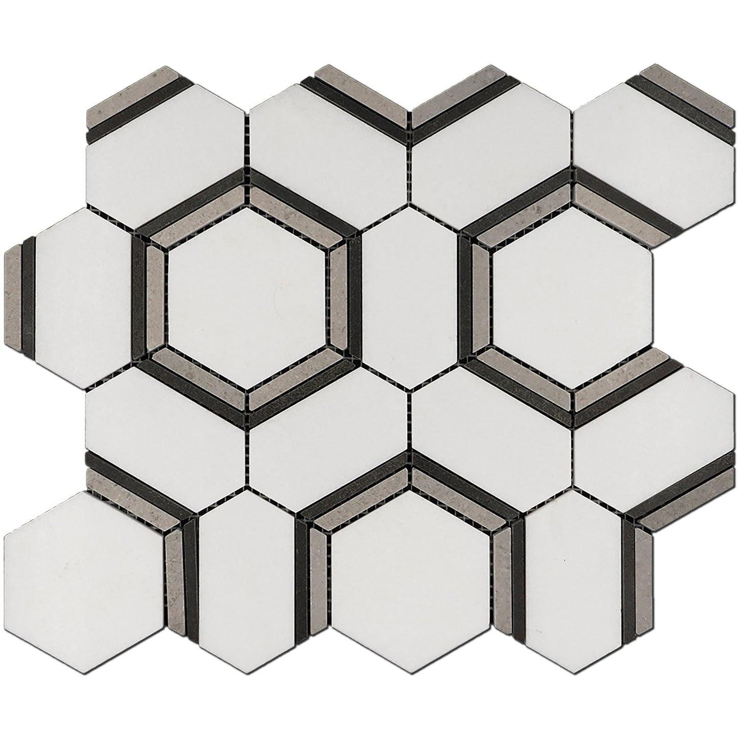 Mosaico de mármol hexagonal Thassos, gris y basalto pulido de 25 x 30 cm y 0,9 cm de espesor con chorro de agua