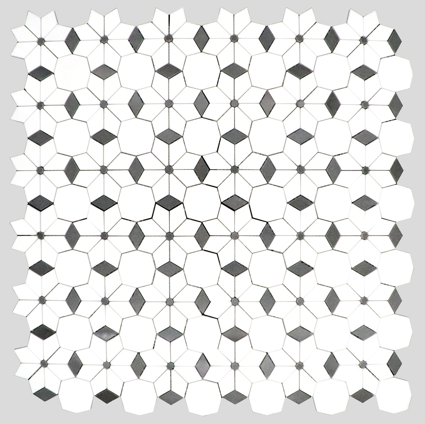 Thassos & Basalt Diamond Flower Marble Polished 12" x 12" 3/8" Waterjet Mosaic