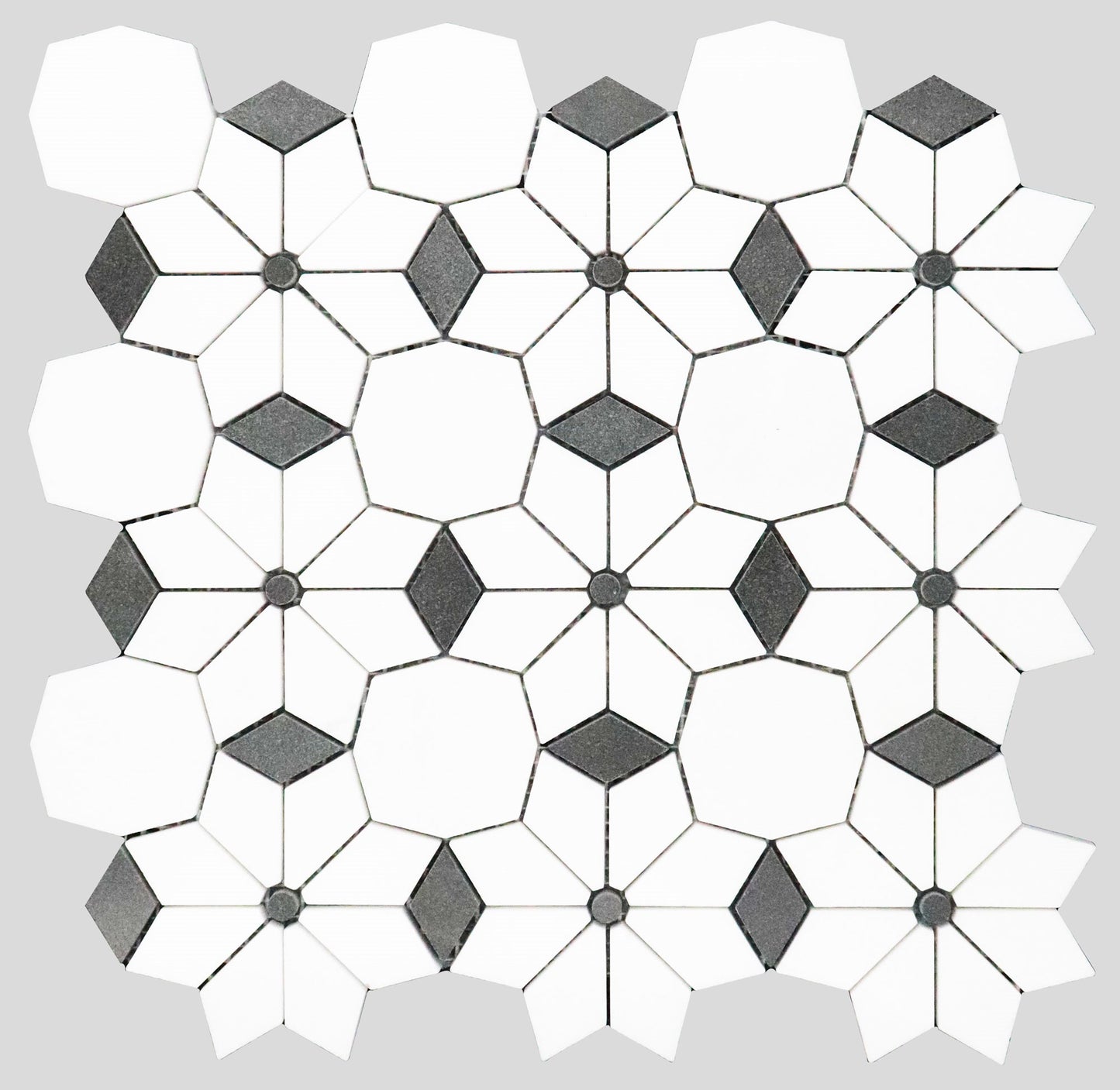 Thassos & Basalt Diamond Flower Marble Polished 12" x 12" 3/8" Waterjet Mosaic