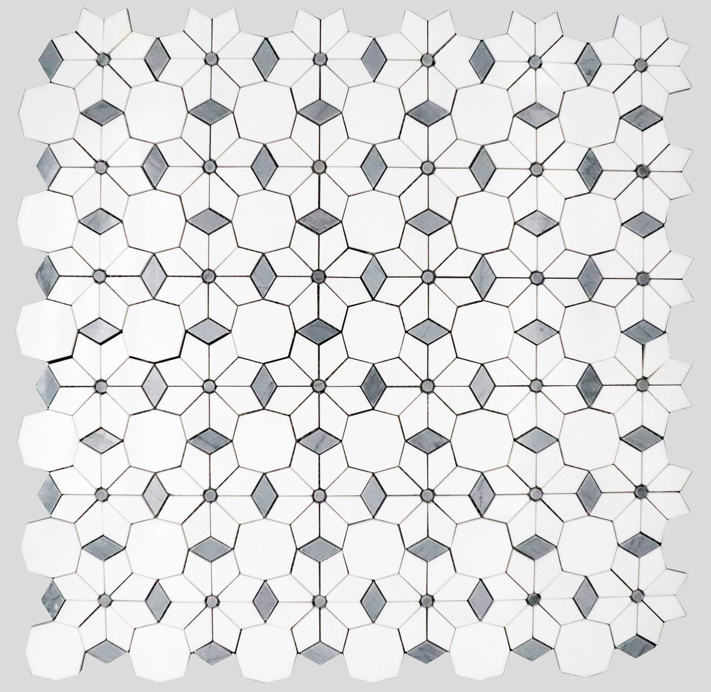 Thassos & Bardiglio Diamond Flower Marble Polished 12" x 12" 3/8" Waterjet Mosaic