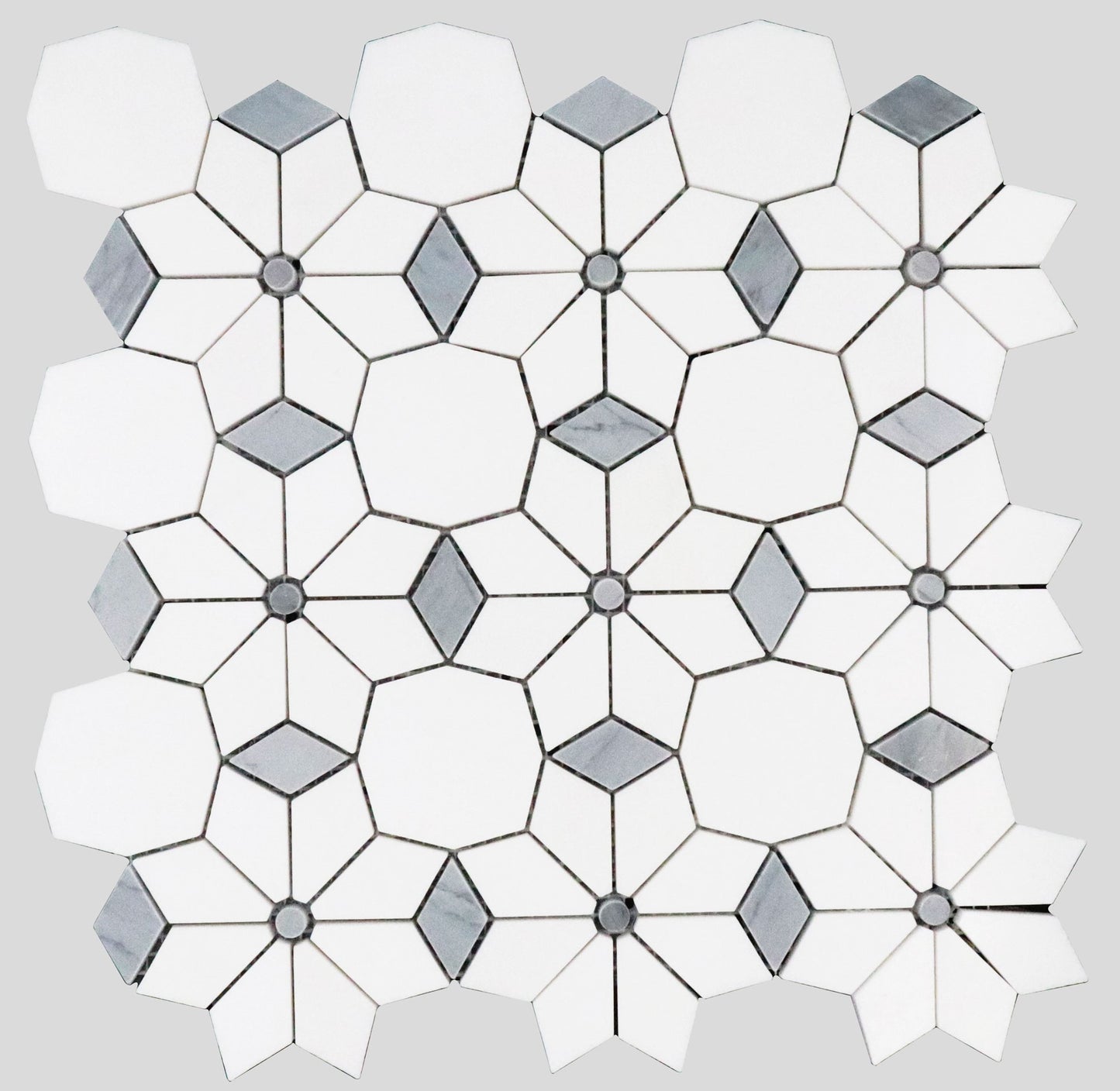 Thassos & Bardiglio Diamond Flower Marble Polished 12" x 12" 3/8" Waterjet Mosaic