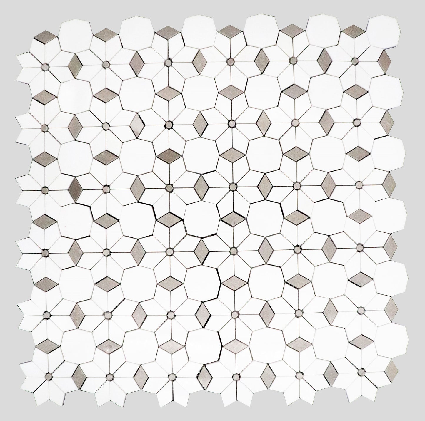 Mosaico de mármol Thassos y flor de diamante gris pulido de 30,5 x 30,5 cm y 0,9 cm de chorro de agua