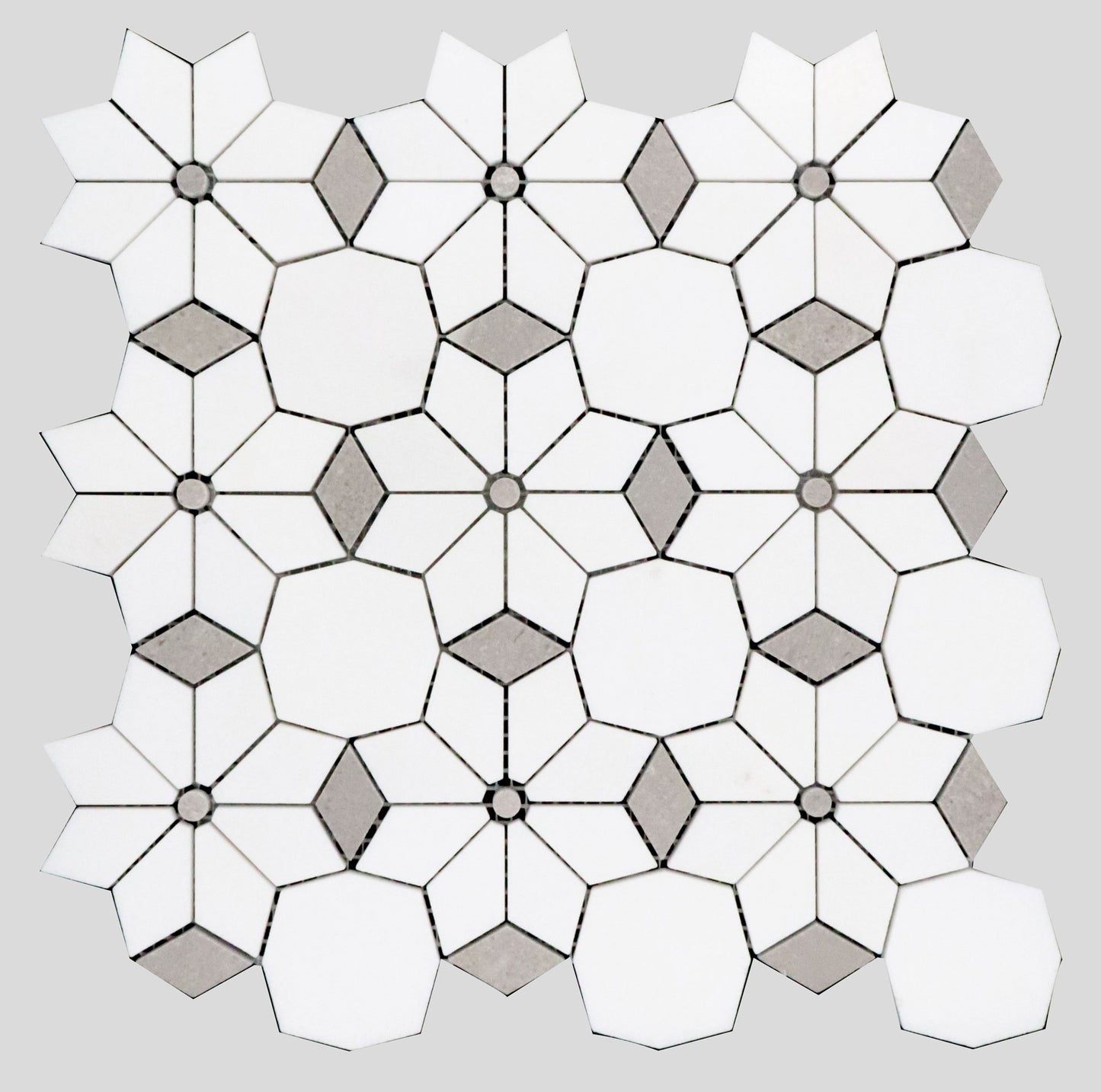 Mosaico de mármol Thassos y flor de diamante gris pulido de 30,5 x 30,5 cm y 0,9 cm de chorro de agua
