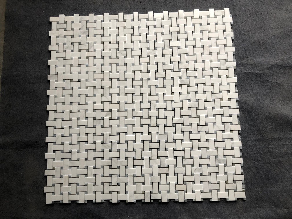 Afyon White Basketweave w/ Blue - Gray Dots Mosaic Tile