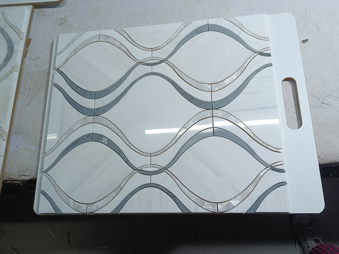 Dolomite, Bardiglio & Mother of Pearl Marble Polished 11" x 10" 3/8" Waterjet Mosaic