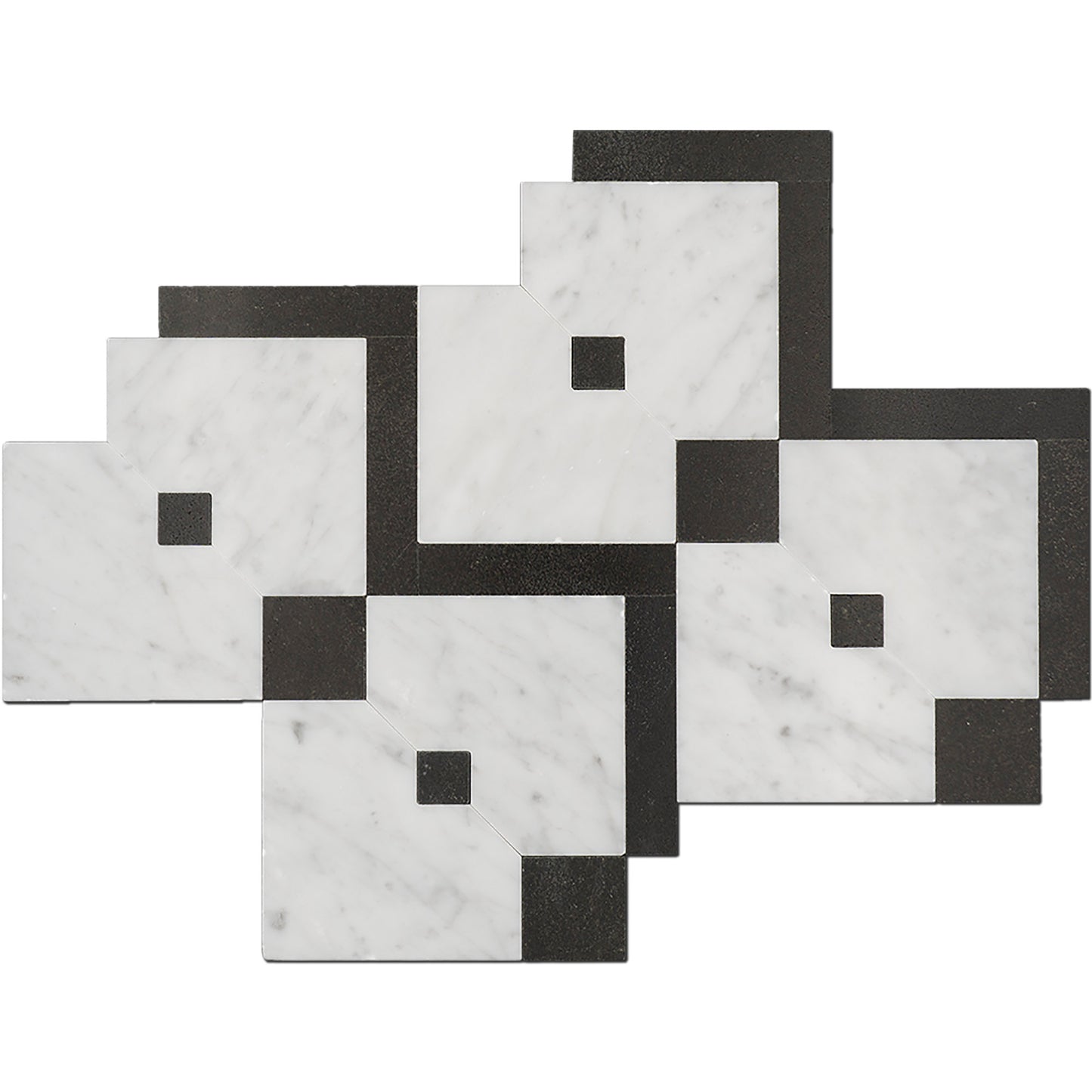 Mosaico de mármol Carrara y Black Square Zip pulido de 25 x 30 cm y 0,9 cm con chorro de agua