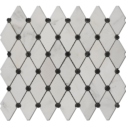 Oriental White Fishnet Black Dot Marble Polished 12" x 13" 3/8" Waterjet Mosaic
