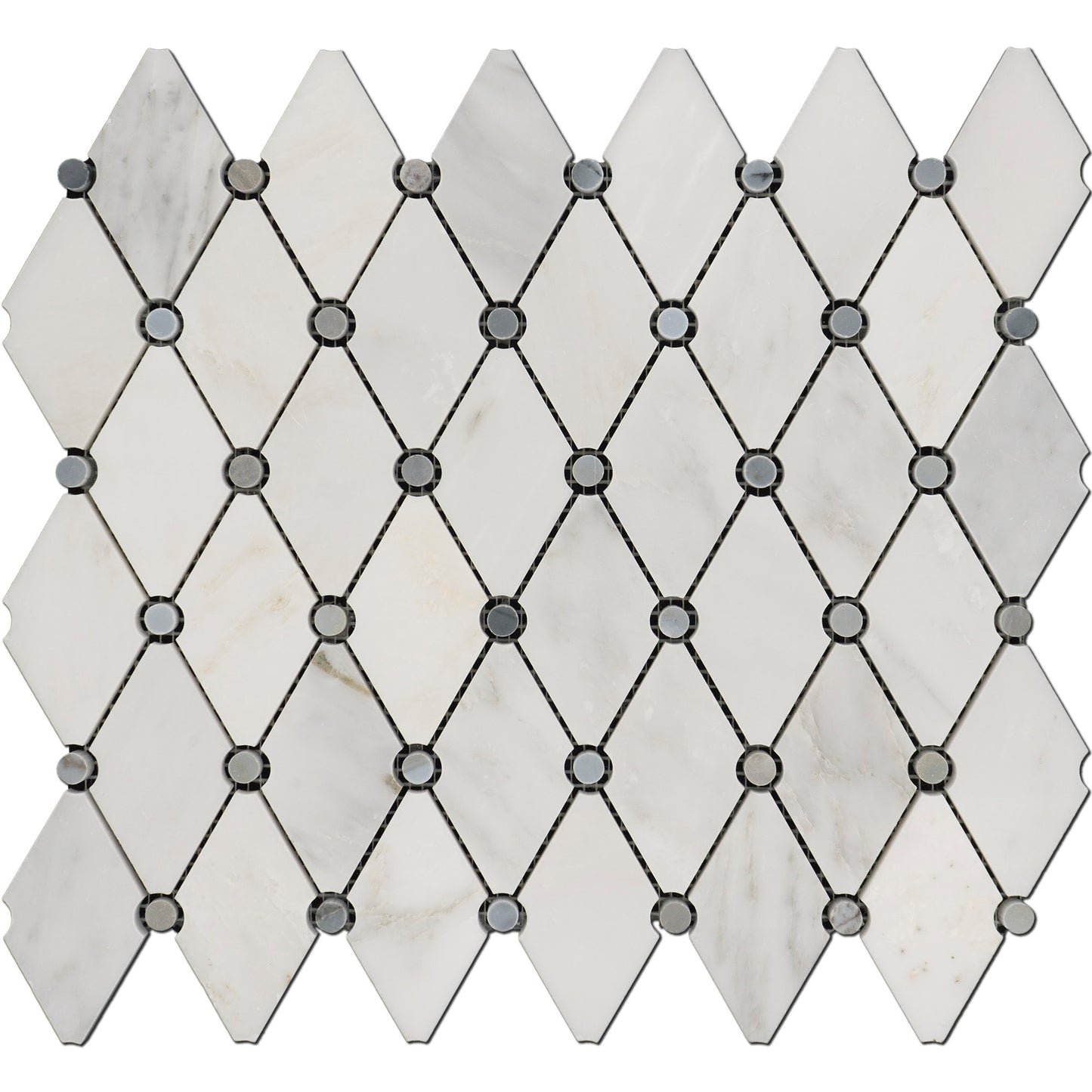 Mosaico de mármol blanco oriental con puntos azules, pulido, 30,5 x 33 cm, 0,9 cm de chorro de agua