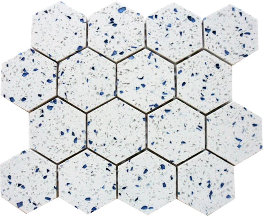 Mosaico de terrazo azul pulido hexagonal de 3" x 3"