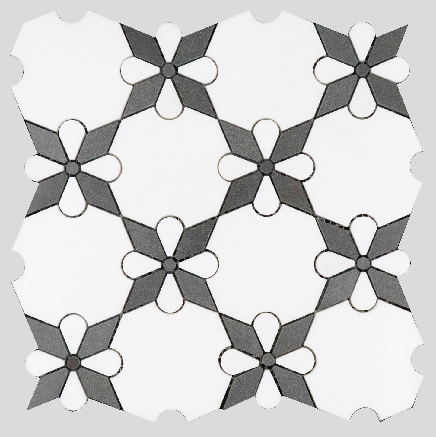 Mosaico de mármol Thassos Black Rosettes pulido de 30,5 x 30,5 cm y 0,9 cm con chorro de agua