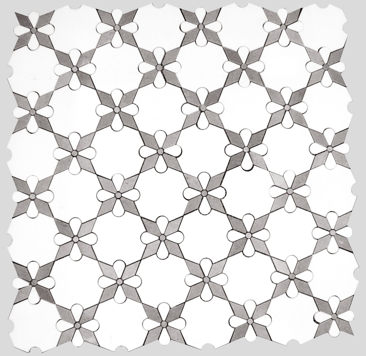 Mosaico de mármol pulido con rosetas grises de Thassos, 30,5 x 30,5 cm, 3/8" de chorro de agua
