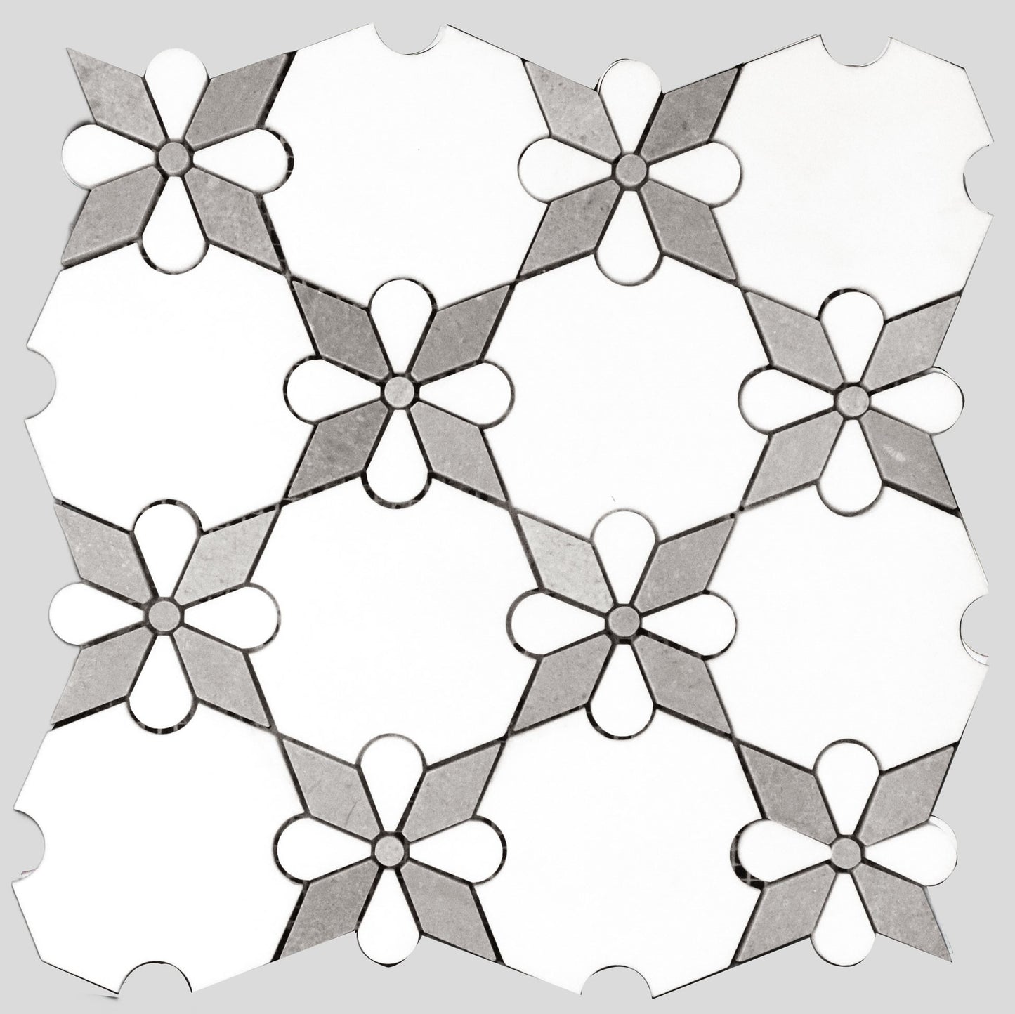 Mosaico de mármol pulido con rosetas grises de Thassos, 30,5 x 30,5 cm, 3/8" de chorro de agua
