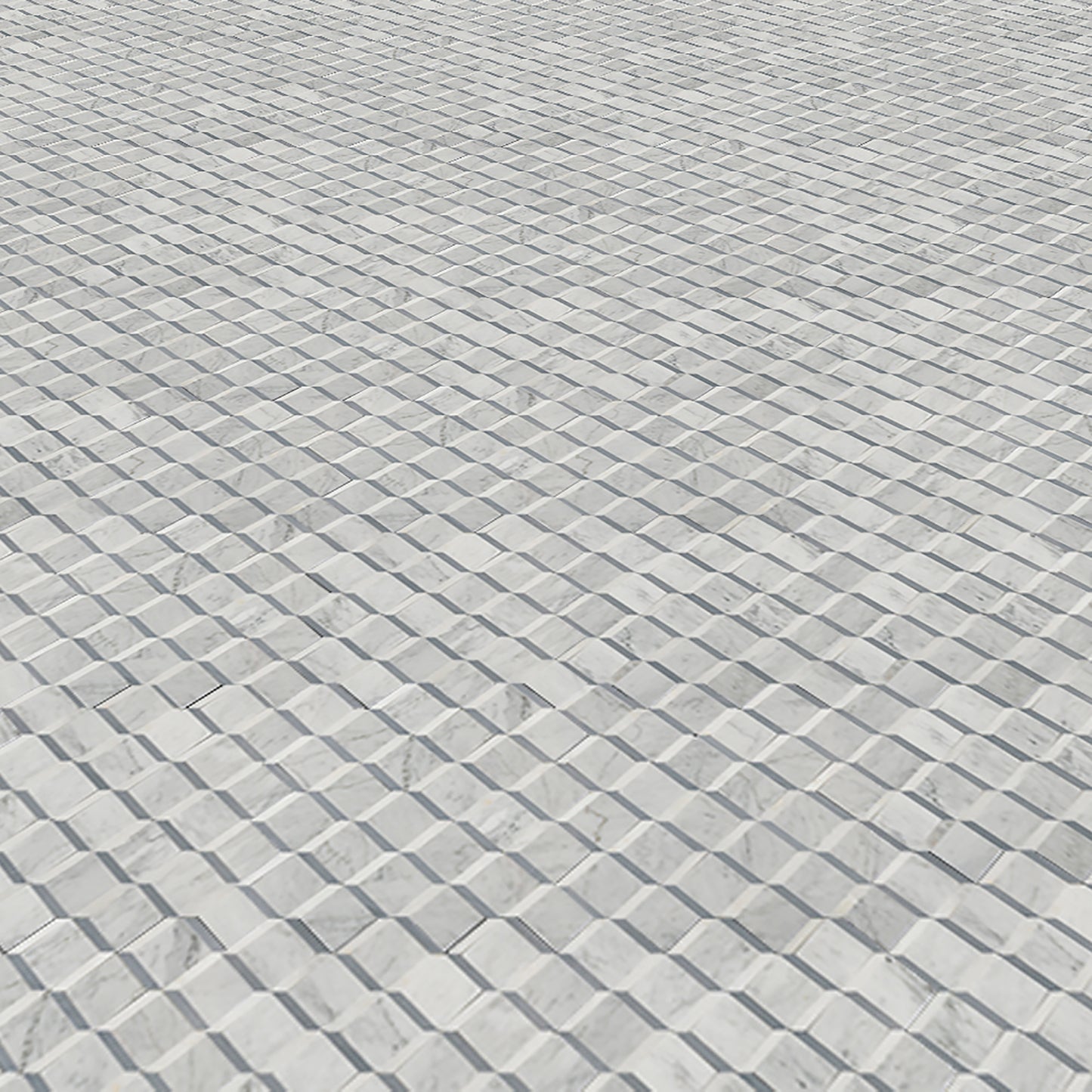 Mosaico de mármol Carrara y cubos 3D azul pulido de 11" x 12" y 3/8" con chorro de agua