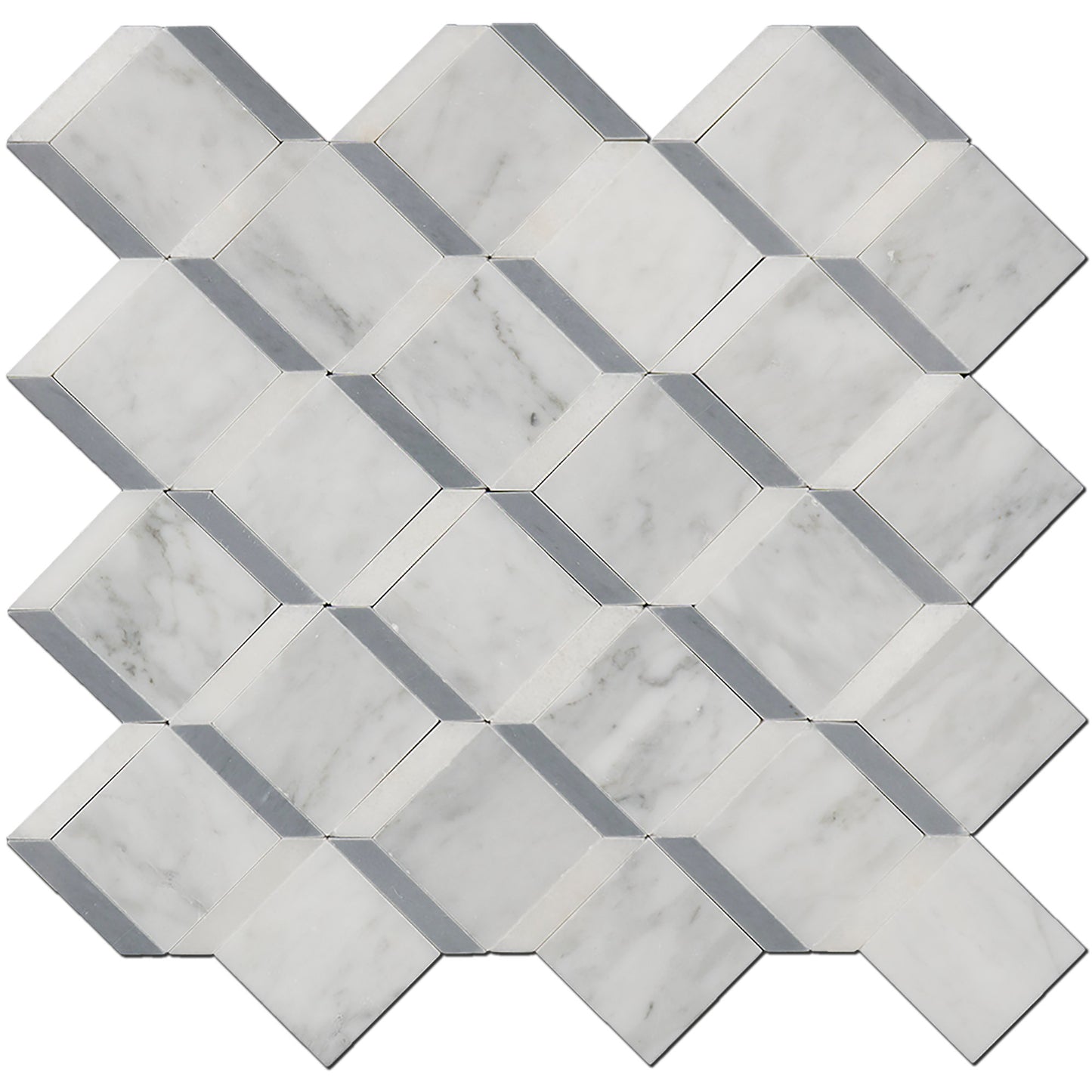 Mosaico de mármol Carrara y cubos 3D azul pulido de 11" x 12" y 3/8" con chorro de agua