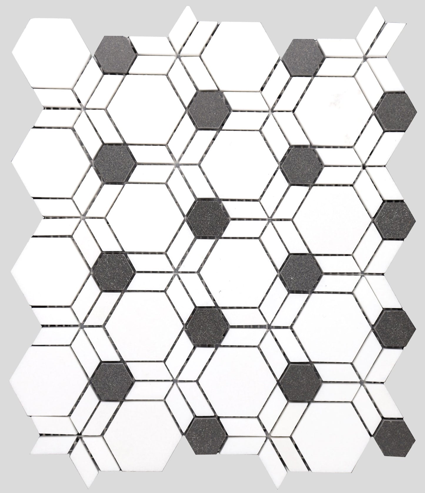Mosaico de mármol Thassos y Black Hexagon Illusion pulido de 25 x 30 cm y 0,9 cm con chorro de agua
