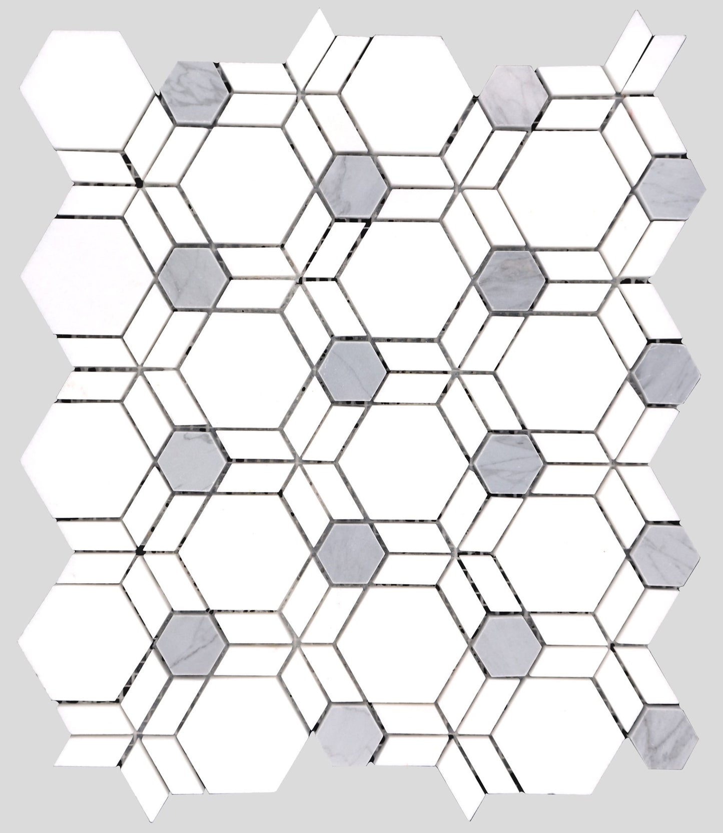 Mosaico de mármol Thassos y azul con ilusión hexagonal, pulido, 25 x 30 cm, 0,9 cm de grosor, con chorro de agua