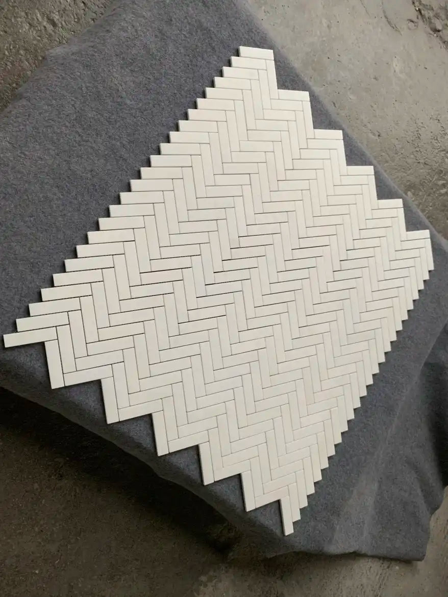 Thassos White 1" X 4" 3/8 Herringbone Marble Mosaic