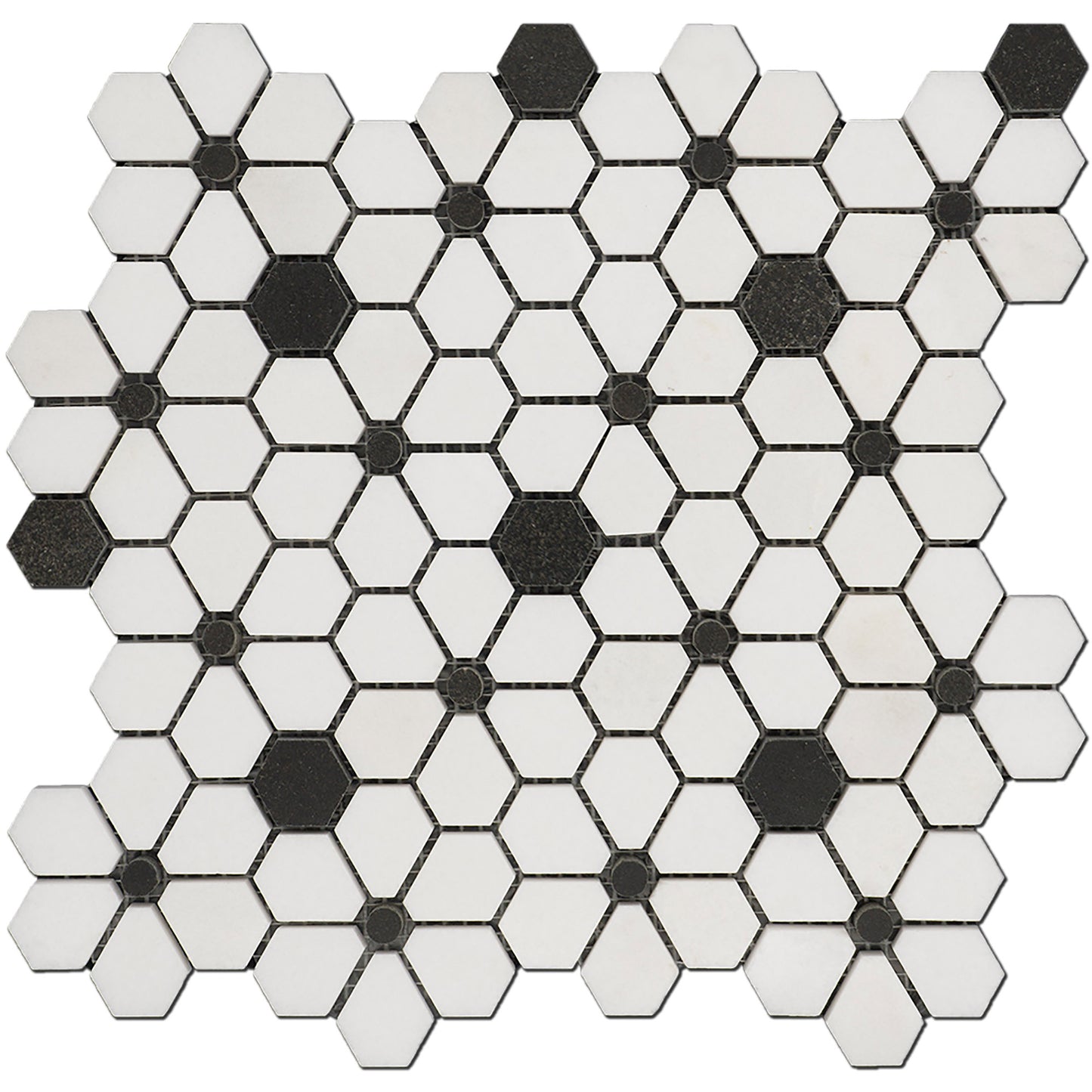 Thassos & Black Flower Field Marble Polished 10" x 10" 3/8" Waterjet Mosaic
