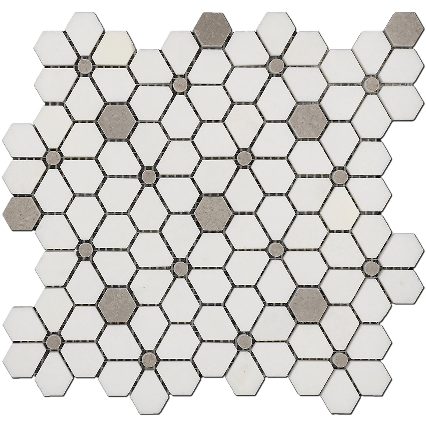 Thassos & Grey Flower Field Marble Polished 10" x 10" 3/8" Waterjet Mosaic