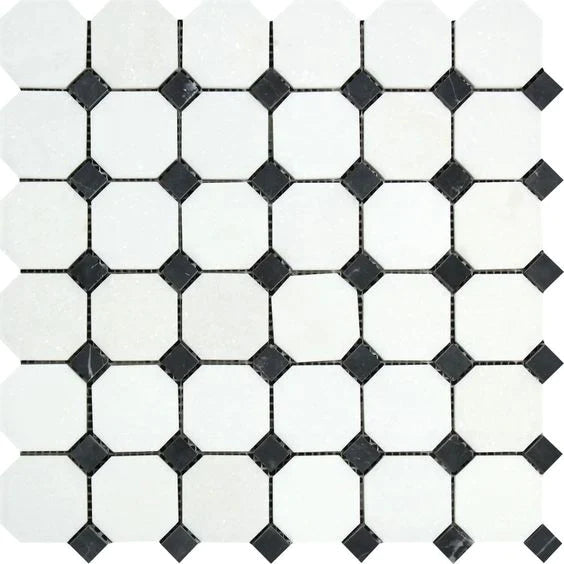 Thassos White (Greek) Marble Mosaic 3/8 Octagon Patio w/Black