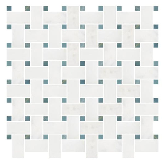Afyon White Basketweave w/ Blue - Gray Dots Mosaic Tile