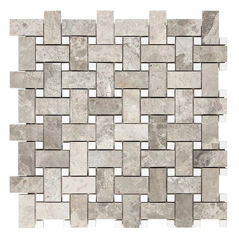 Atlantic Grey Basketweave with White Dots Mosaic Tile
