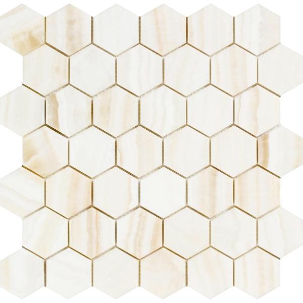 Azulejo de mosaico hexagonal pulido de ónix blanco de 2"