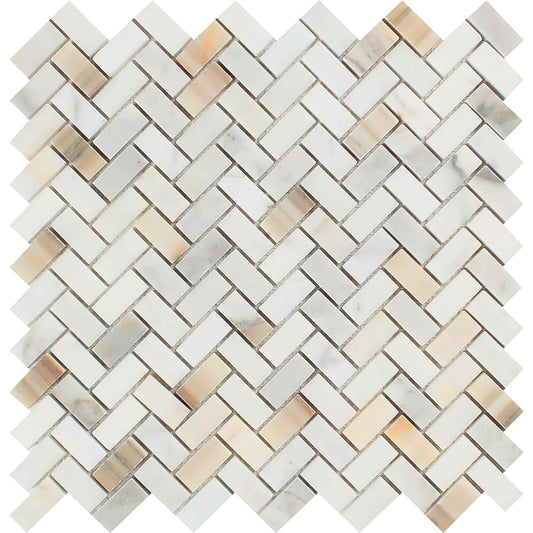 Calacatta Gold Mini Herringbone Mosaic Backsplash Wall Tile  5/8x1 1/4