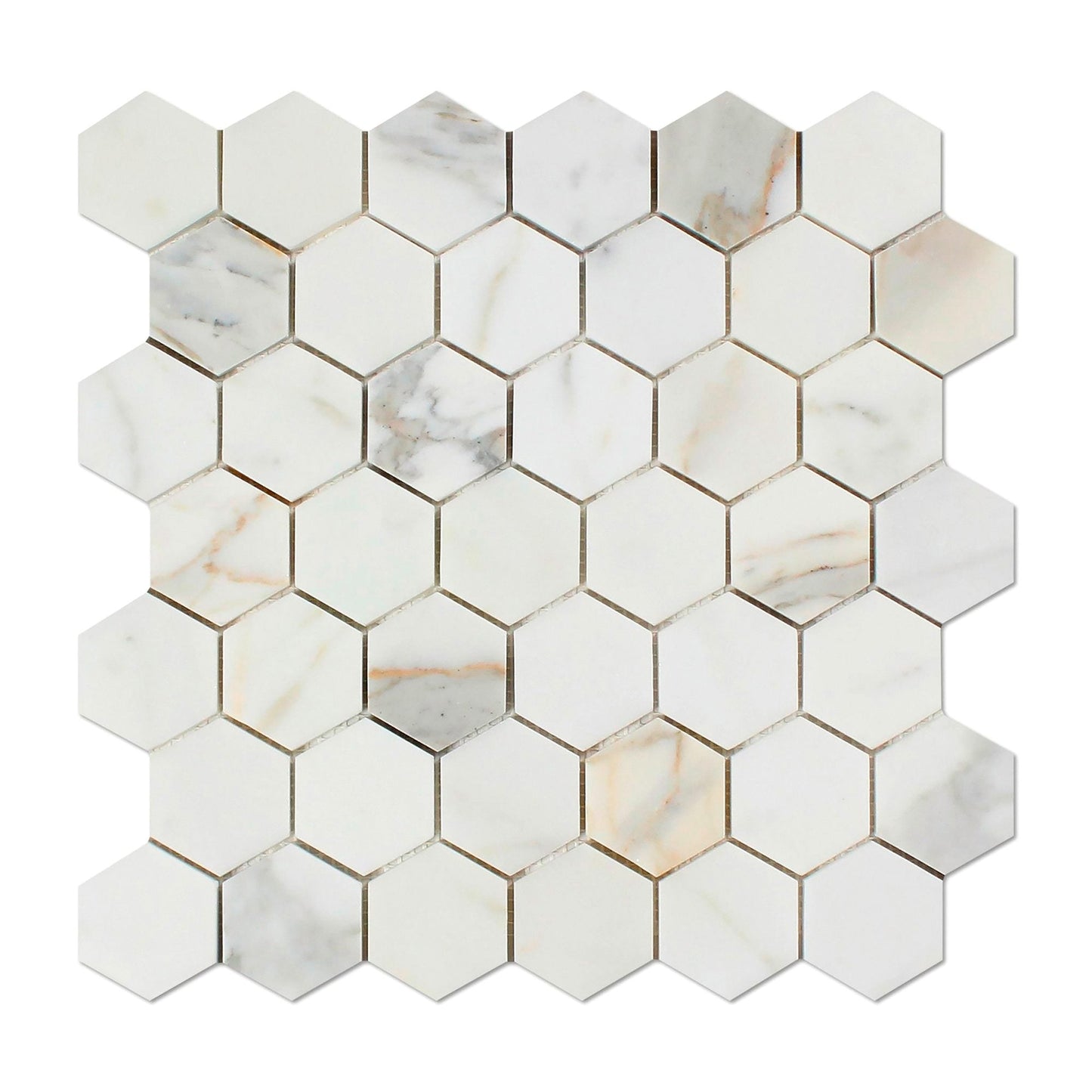 Azulejo de pared con mosaico hexagonal Calacatta Gold de 2" para salpicadero
