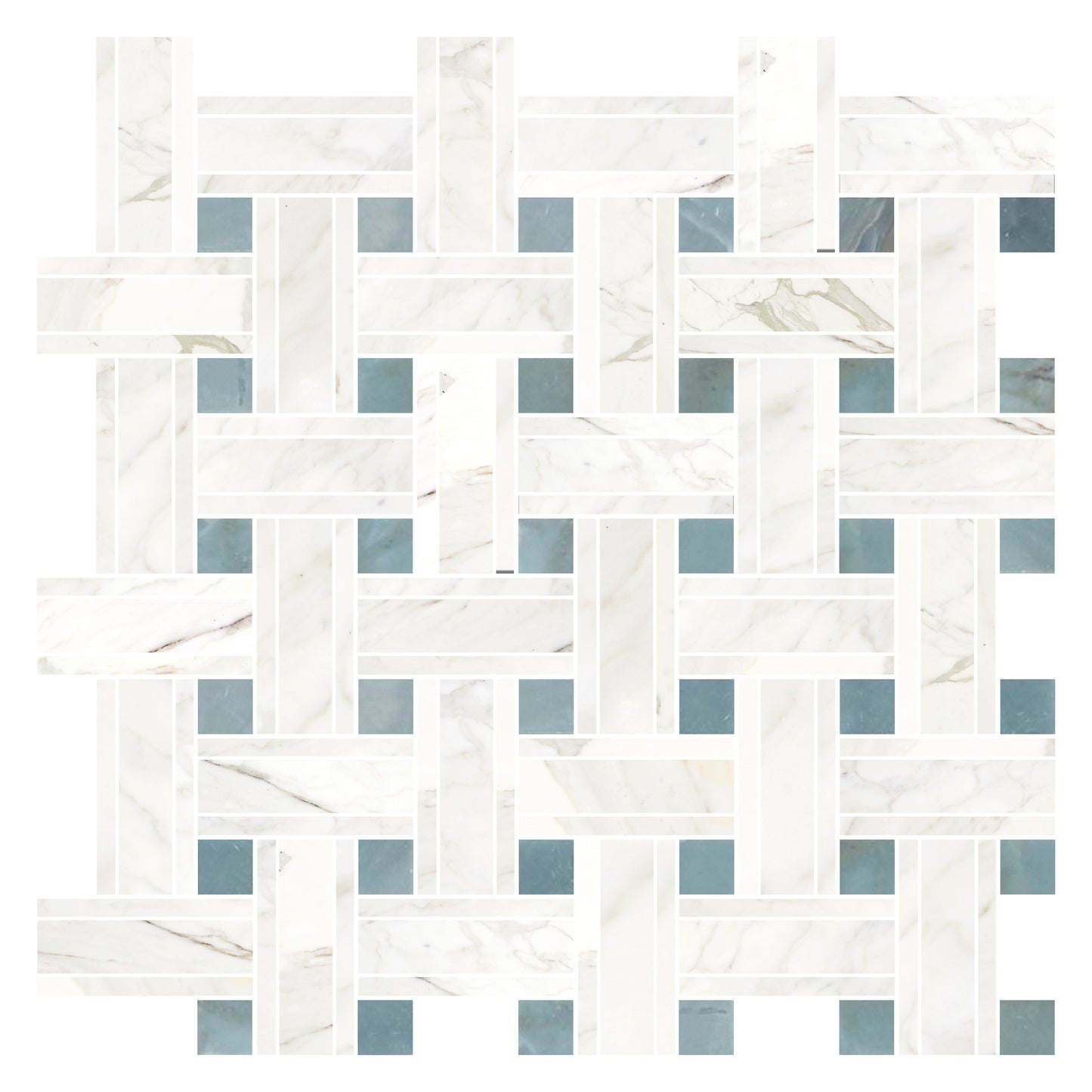 Calacatta Gold Triple Weave w/ Blue Gray Mosaic Backsplash Wall Tile