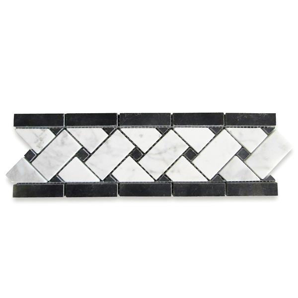 Carrara Italian White Basketweave with Black Dots Border Tile  4 3/4" x 12"