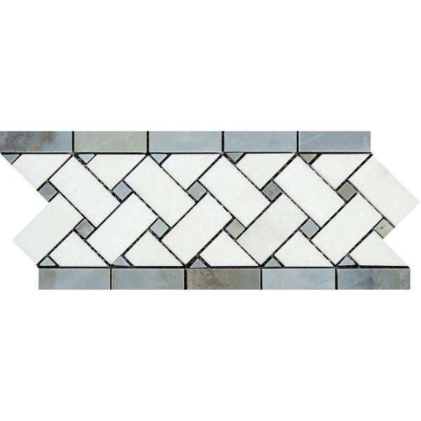 Carrara Italian White Basketweave with Blue & Gray Dots Border Tile 4 3/4" x 12"