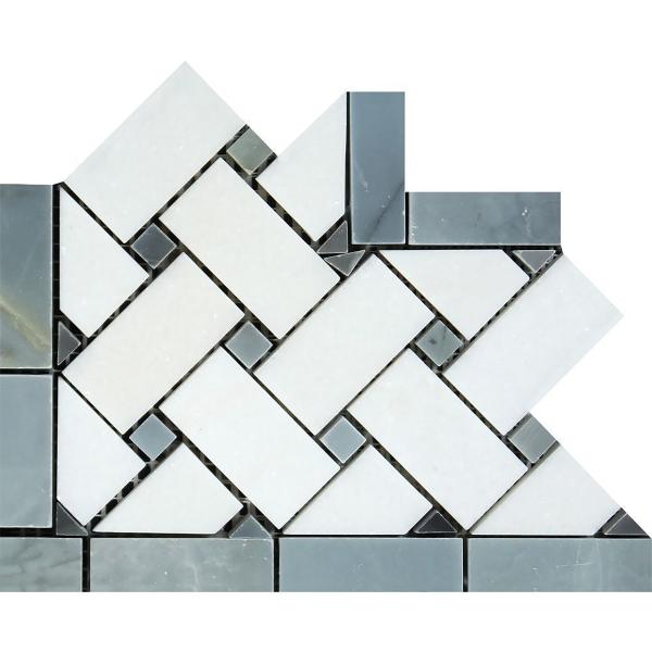 Carrara Italian White Basketweave with Blue & Gray Corner Border