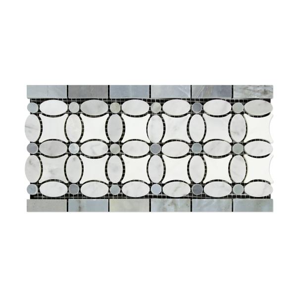 Carrara Italian White Florida Flower with Blue & Grey Dots Border  5 3/4" x 11 1/4"