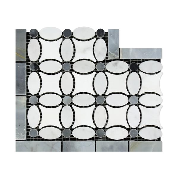 Carrara Italian White Florida Flower with Blue & Gray Corner Border Tile