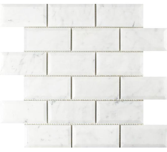 Carrara Italian Deep Beveled Brick Mosaic  Backsplash and Wall Tile  2" x 4"