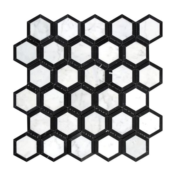 Azulejo de pared hexagonal Vortex italiano de Carrara con salpicadero de mosaico negro de 2"