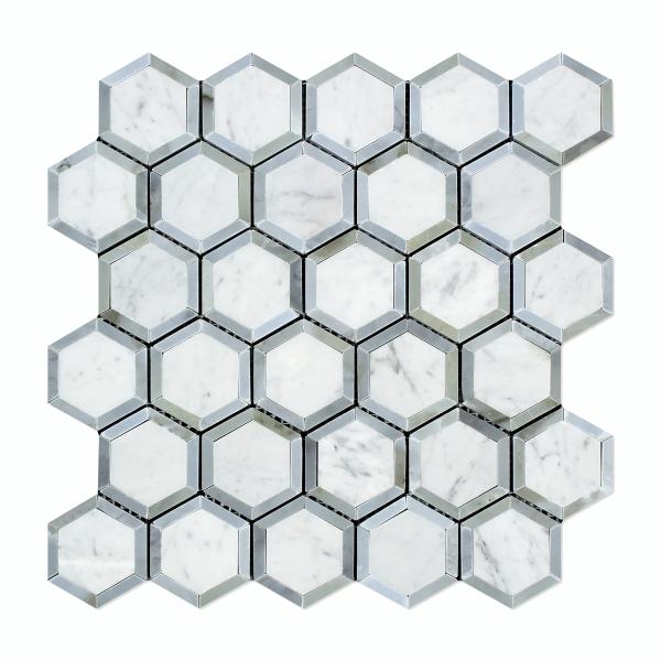 Azulejo de mosaico hexagonal Carrara Italian Vortex con salpicadero azul y gris de 2"