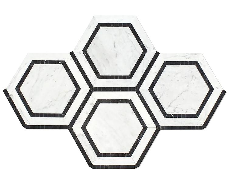 Combinación hexagonal italiana de Carrara con salpicadero de mosaico negro y azulejo de pared de 5"